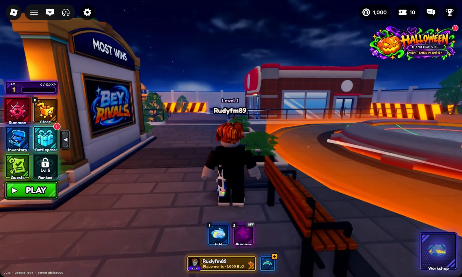 Bey Rivals Bey Park HUD at level 1: Summon, Store, Inventory, Battlepass, Quests, Ranked (Lv. 5) and Halloween 0/14 quests