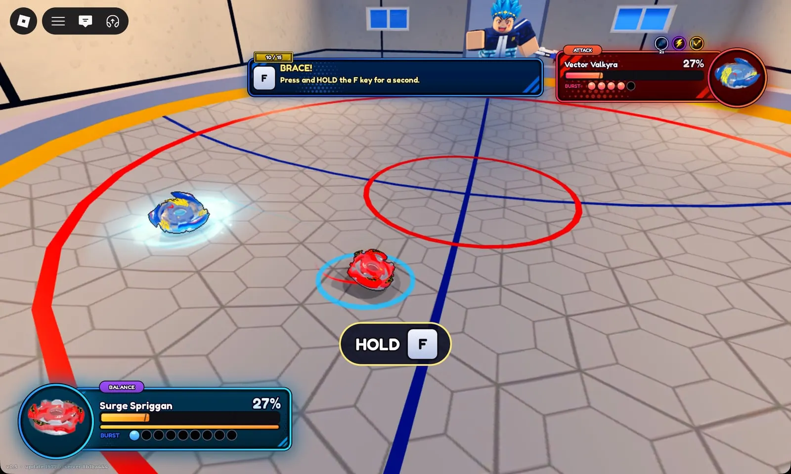 Bey Rivals Brace prompt: hold F for a second while Surge Spriggan faces Vector Valkyra at 27% spin