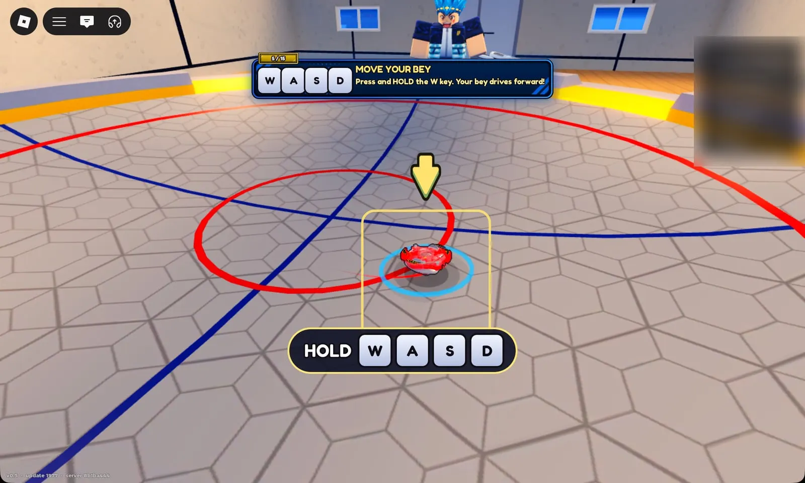 Bey Rivals “Move your bey” step: hold W, A, S and D to drive your red bey around the stadium