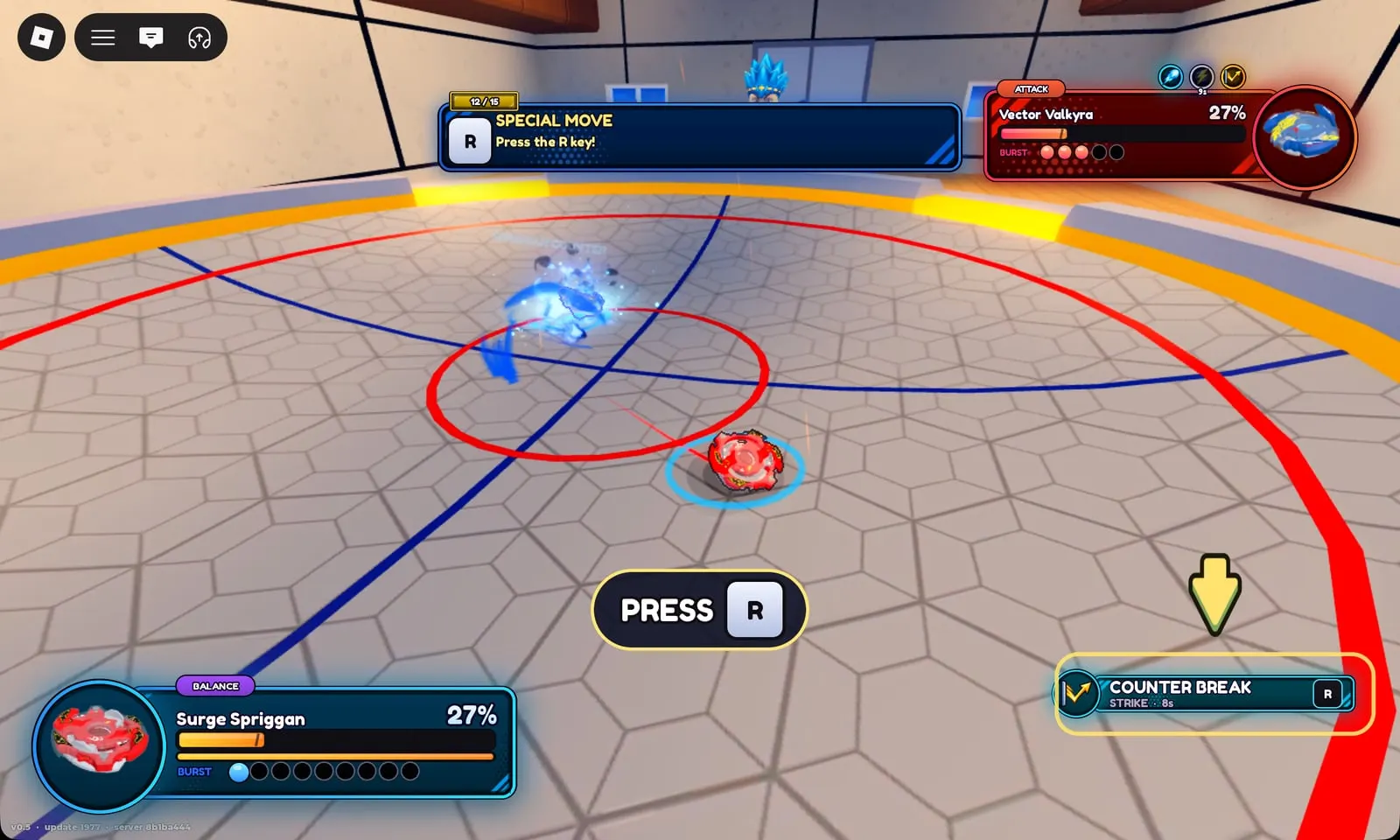 Surge Spriggan’s special move Counter Break (Strike, 8s cooldown) bound to R in Bey Rivals