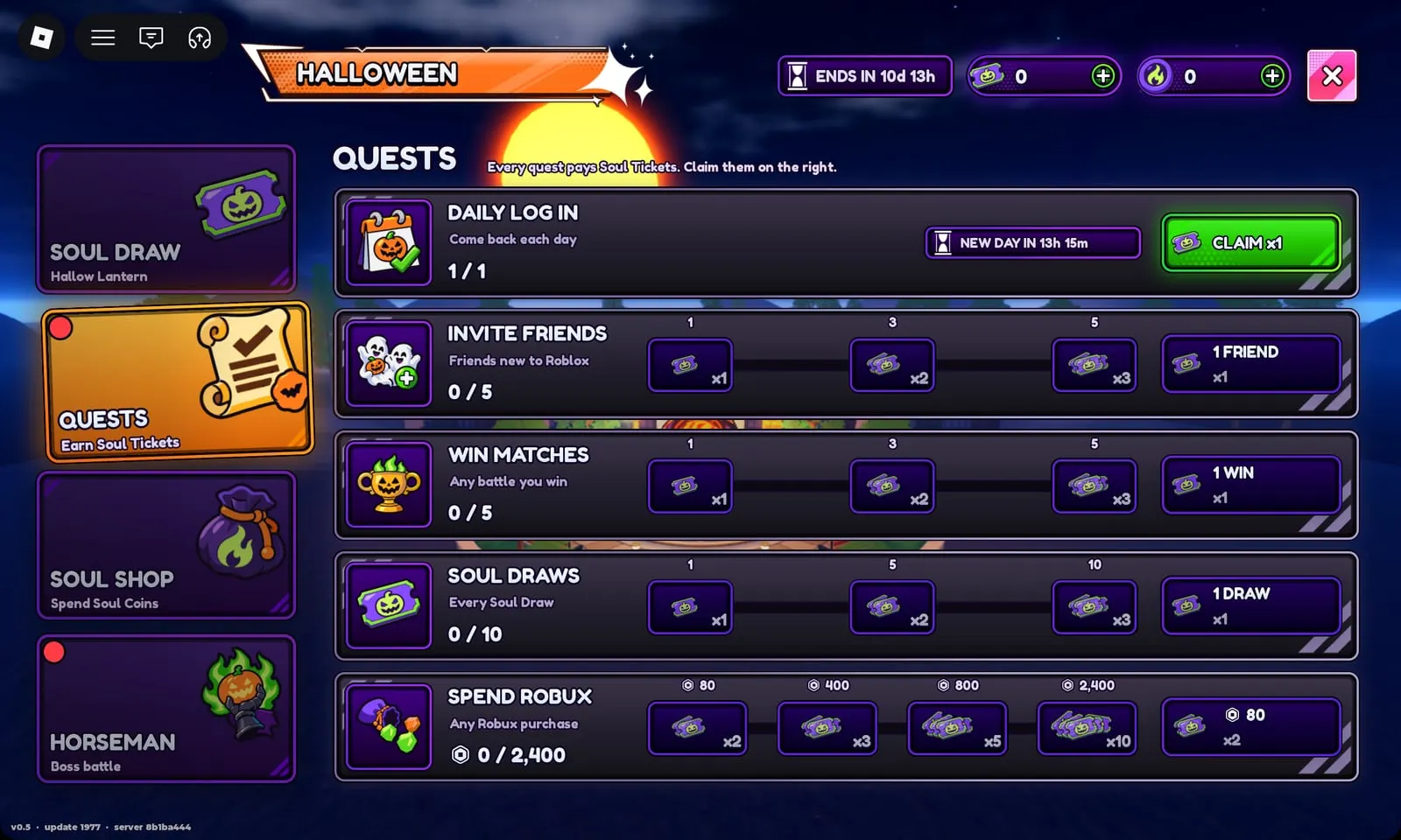 Bey Rivals Halloween Quests: daily log in, invite friends, win 5 matches, 10 Soul Draws and Spend Robux for Soul Tickets