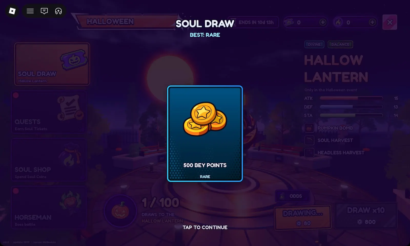 Bey Rivals Soul Draw result card: 500 Bey Points, Rare, after spending the free daily Soul Ticket