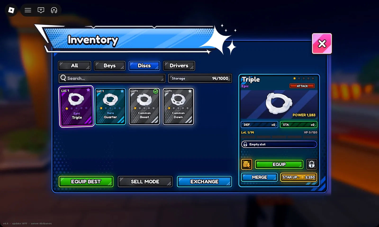 Bey Rivals inventory Discs tab: Epic Triple selected next to Quarter, Boost and Down, star up 2,250 BP