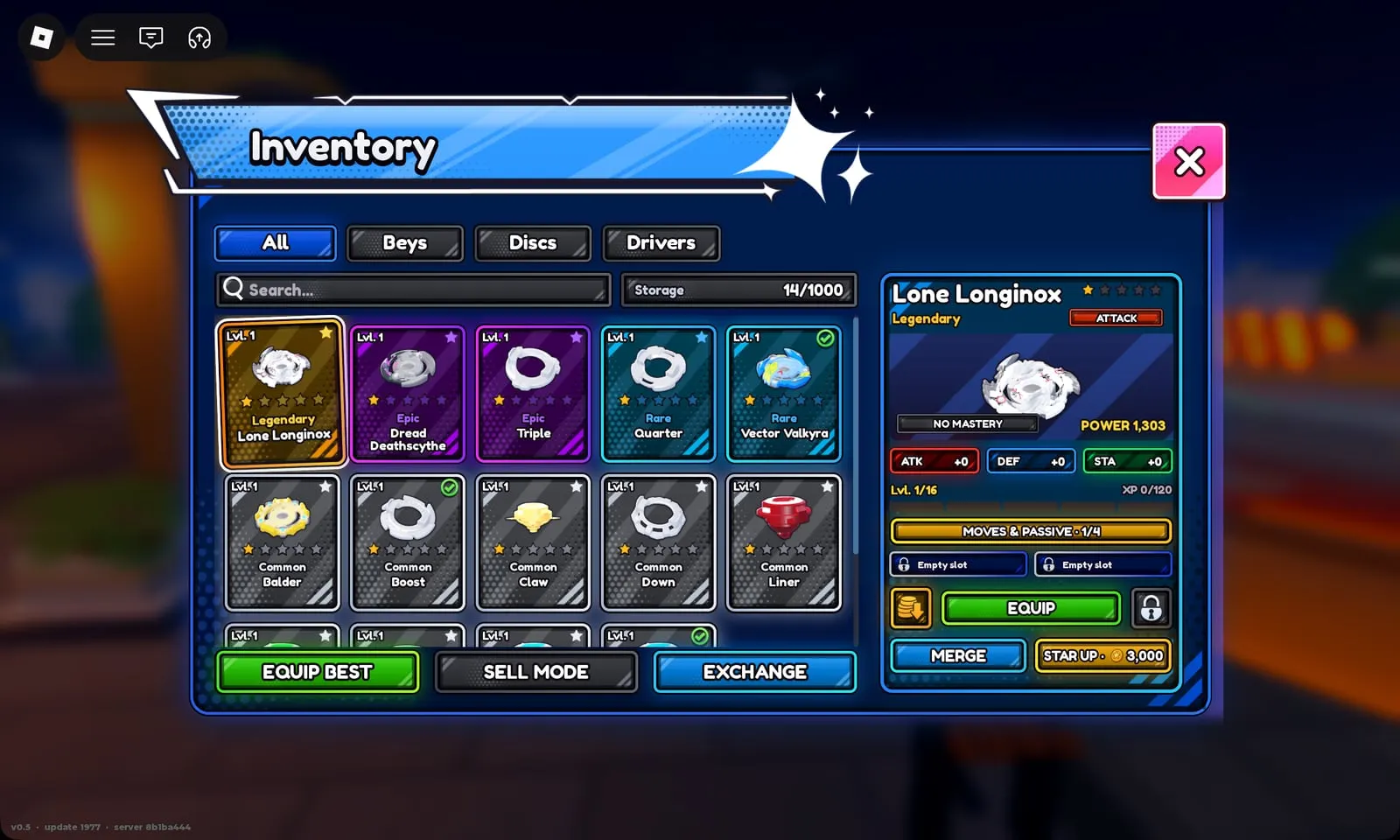 Lone Longinox Legendary Attack layer in the Bey Rivals inventory: level 1/16, Power 1,303, star up 3,000 BP
