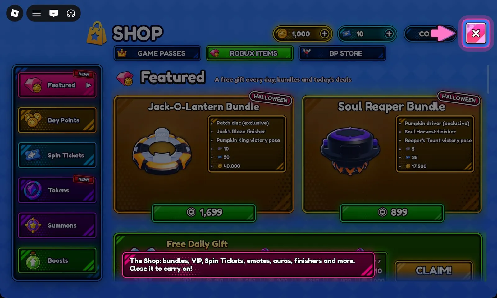 Bey Rivals Shop Featured tab: Jack-O-Lantern Bundle (1,699 Robux) and Soul Reaper Bundle (899 Robux) with a Free Daily Gift