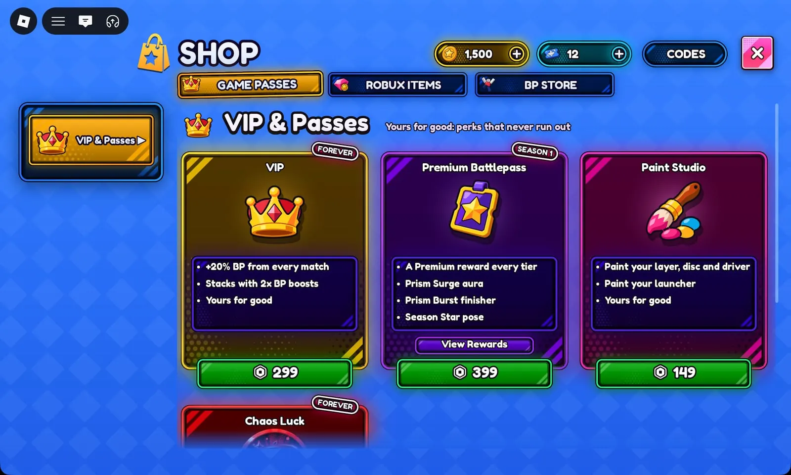 Bey Rivals VIP & Passes: VIP 299 Robux, Premium Battlepass Season 1 399 Robux, Paint Studio 149 Robux