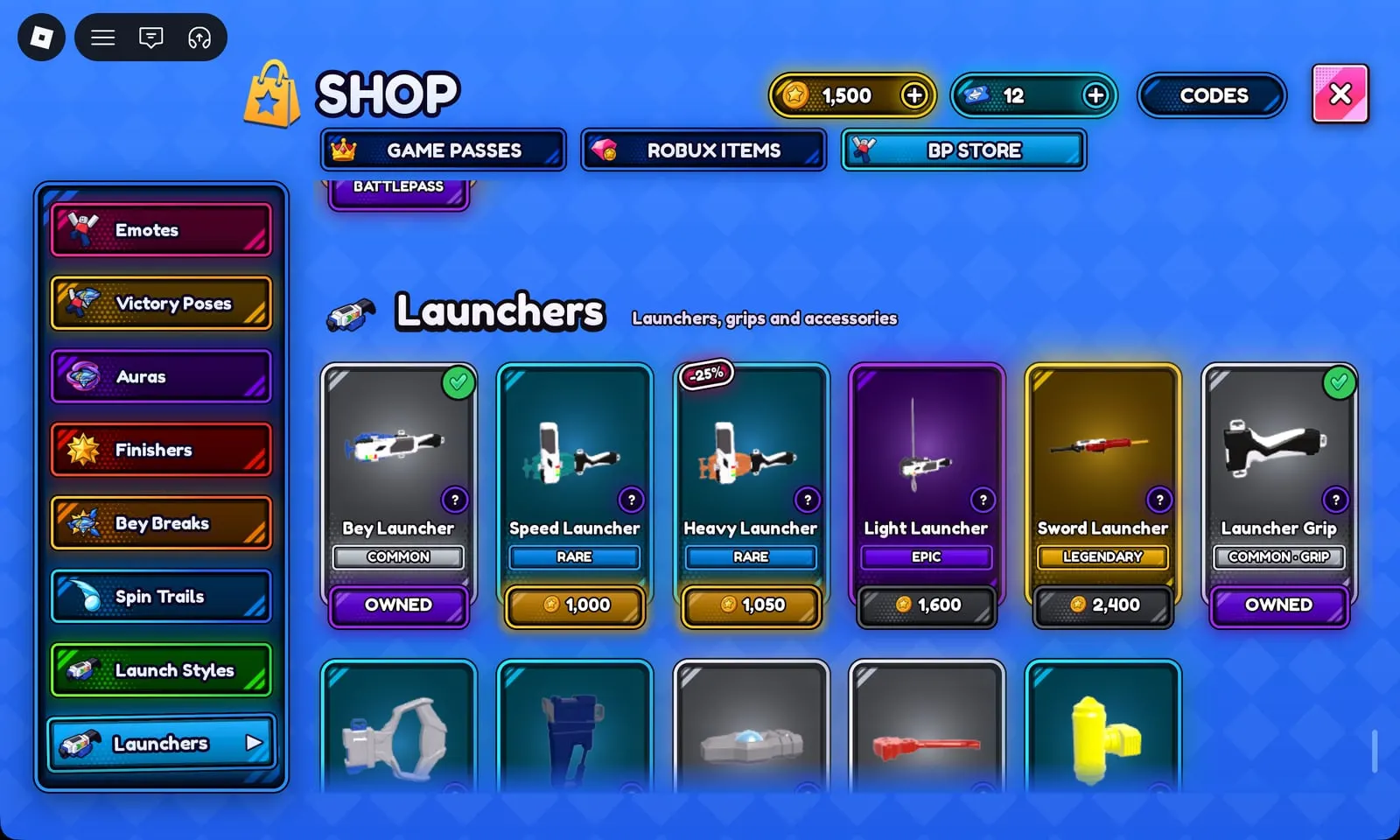 Bey Rivals BP Store Launchers: Bey Launcher free, Speed 1,000, Heavy 1,050, Light 1,600 and Sword 2,400 BP