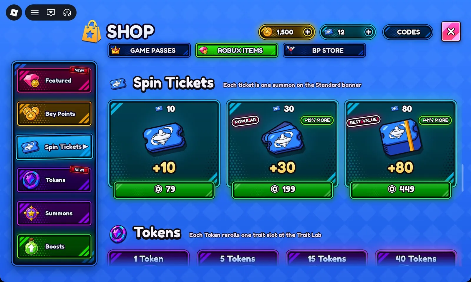 Bey Rivals Spin Tickets packs (10, 30, 80) and Tokens, each rerolling one trait slot at the Trait Lab