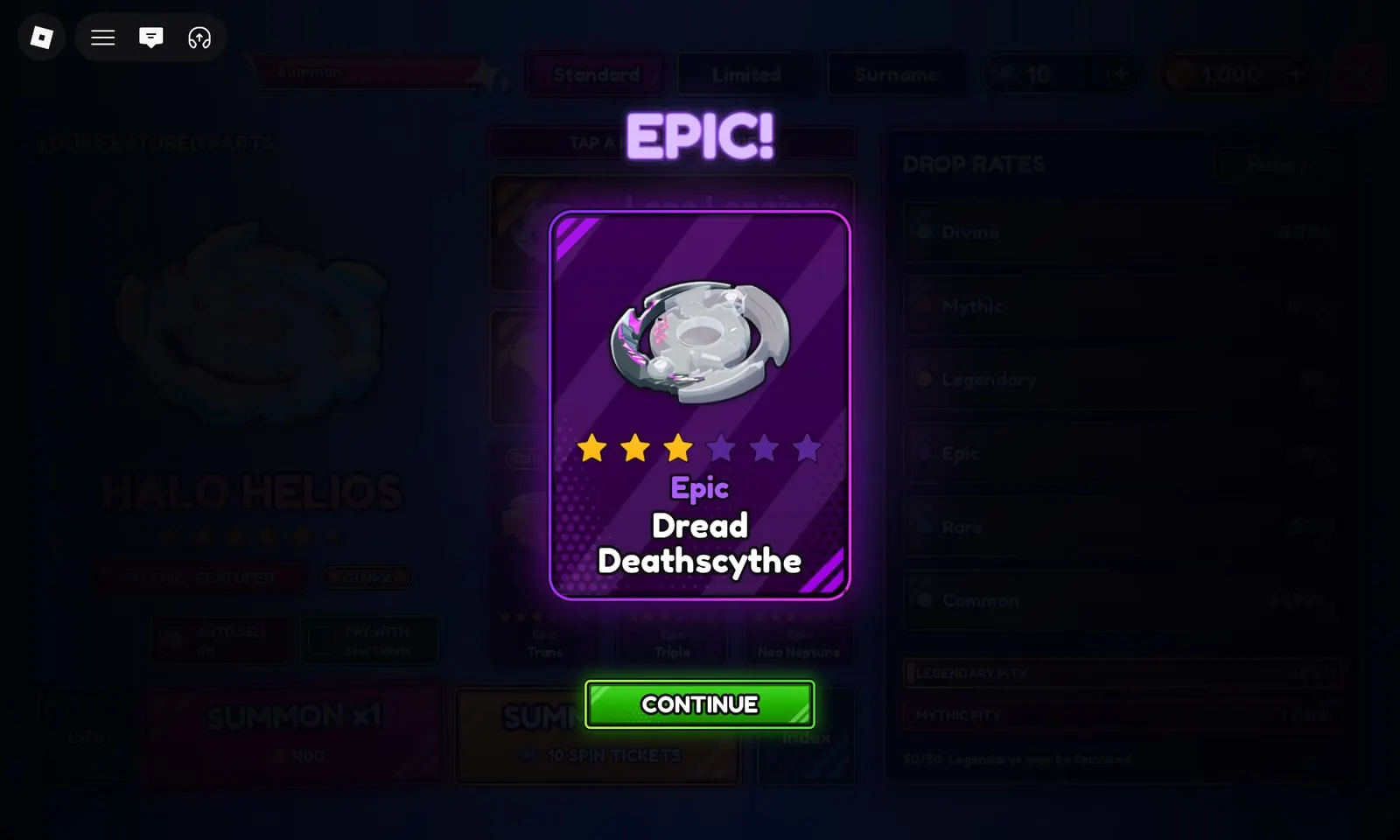 Bey Rivals summon result: EPIC! Dread Deathscythe with three of six stars