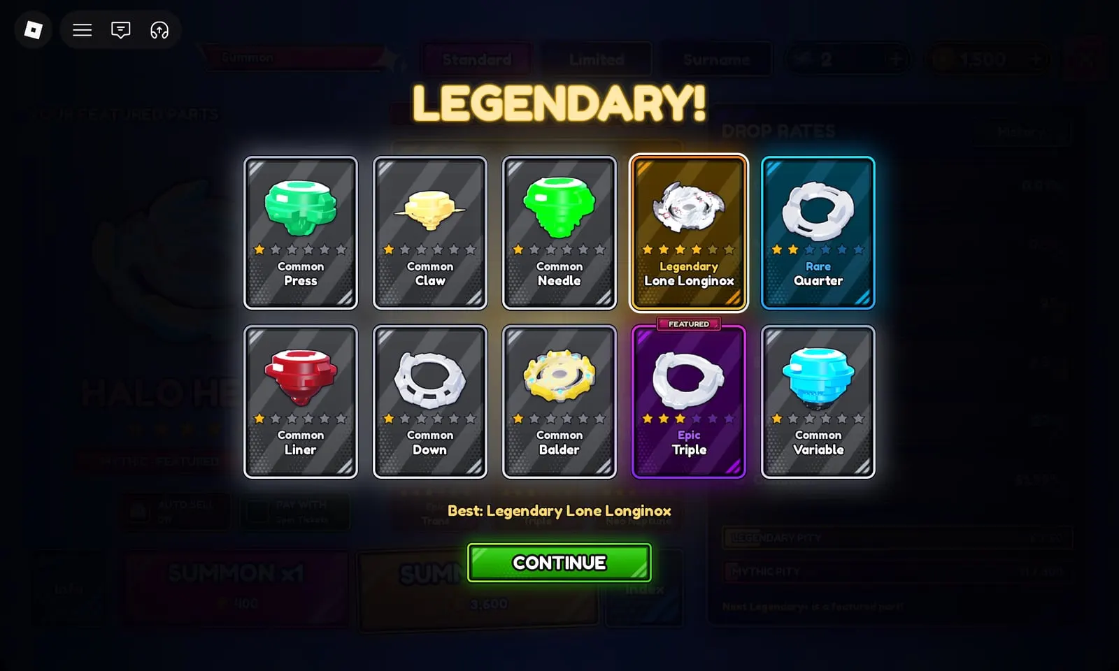 Bey Rivals ten-pull result: LEGENDARY! Lone Longinox plus an Epic Triple disc, a Rare Quarter disc and seven Commons