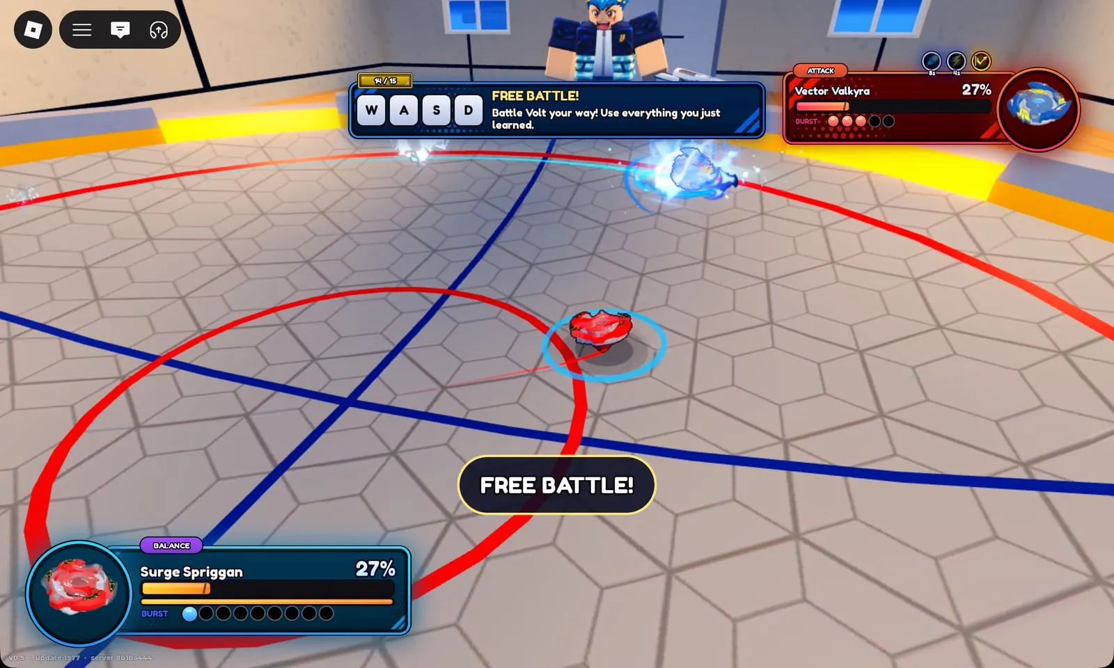 Bey Rivals tutorial Free Battle: Surge Spriggan and Vector Valkyra both at 27% spin in Volt’s stadium