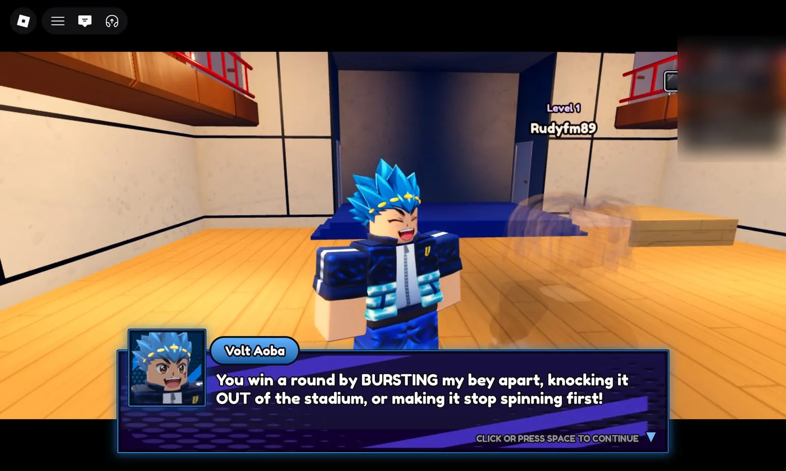 Volt Aoba explaining the three ways to win a round in Bey Rivals: burst, knock out, or outspin
