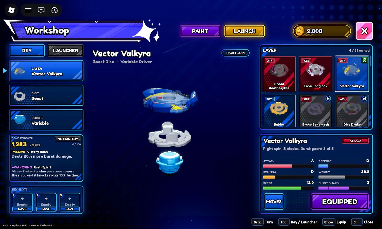 Bey Rivals Workshop: Vector Valkyra with Boost disc and Variable driver, Combat Power 1,283, right spin, 3 blades